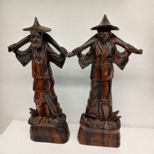 Set Of Wooden Statues. Asian Style *Man's Hat Has DAMAGE